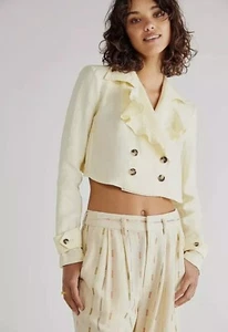 LADIES BNWT FREE PEOPLE BENNIE YELLOW LINEN CROP BLAZER SIZE SMALL - Picture 1 of 3