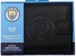 MANCHESTER CITY FC MEN'S REAL LEATHER RFID WALLET ANTI FRAUD MONEY ID CARD GIFT - Picture 1 of 2