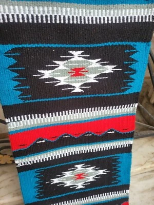 Elegant Blue, Black & White Table Runner with Decorative Fringe - Stylish Accent - Image 1 of 4