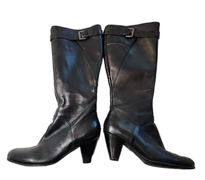 ECCO Womens Boots Black Leather Tall Riding Wide Calf Heel Zipper Size 6.5 36 - Picture 1 of 8