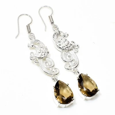 925 Sterling Silver Smoky Quartz Gemstone Handmade Jewelry Earring Size-1.8" - Image 1 of 4