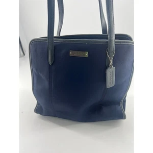 Vintage Coach Tote Bag Navy Blue Purse Shoulder Zipper Pockets Stretchy Fabric - Picture 1 of 16