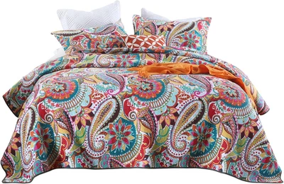 Cotton Quilt Set, Queen Size, Multicolor Paisley, Boho Style, Soft Lightweight C - Image 1 of 4