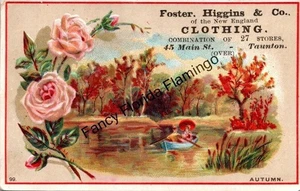 Antique Foster Higgins & Co. Clothing Trade Card Taunton MA Autumn Scene Roses - Picture 1 of 2