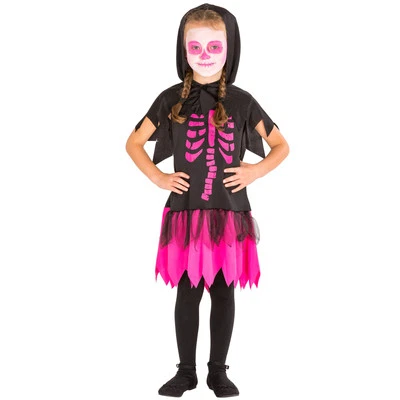 DRESSFORFUN Mädchen Skelett Kleid mit Kapuze Kostüm Karneval Fasching Halloween Kinder