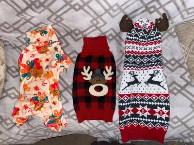 Lot of 3 Kyeese Pet Holiday themed M/L Size Dog Sweaters and Pajamas  - Image 1 of 4