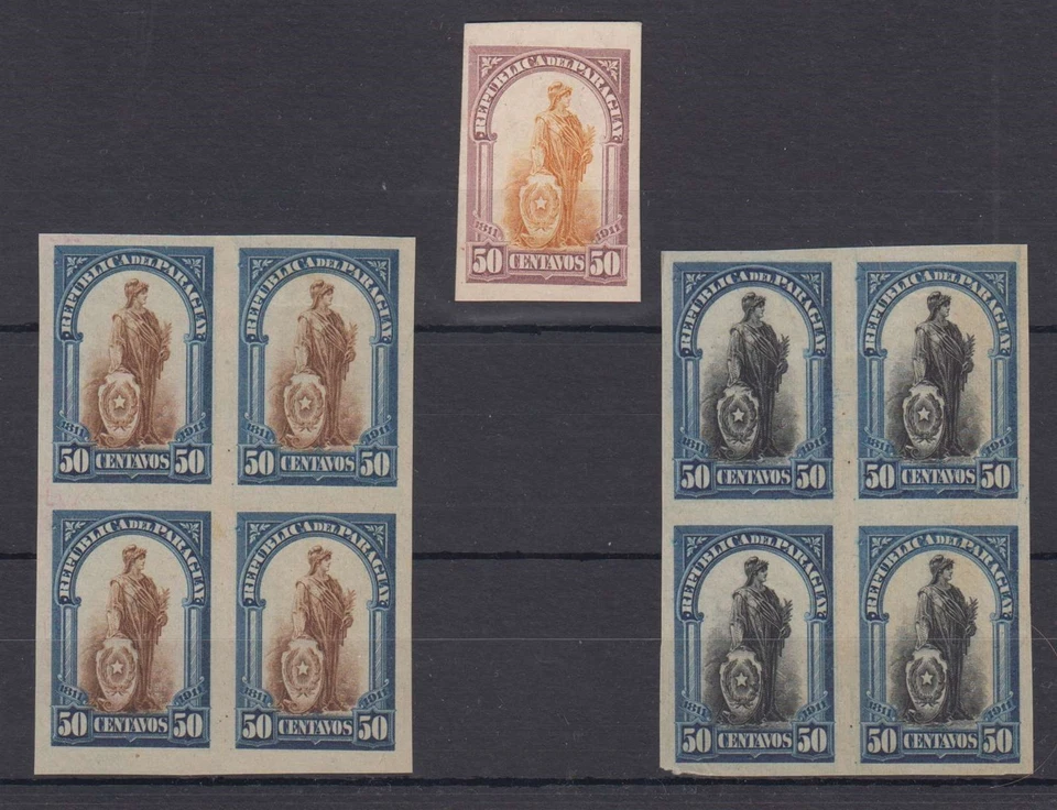 PARAGUAY 1911 Sc 206 PRUEBAS DE IMPERFECCIONES DOS BLOQUES DE CUATRO Y UNO SOLO COLORES SIN EMITIR Foto 1 de 1
