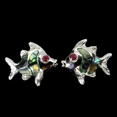 925 Sterling Silver Earrings Round Ruby Myanmar Mother Of Pearl Gemstone Jewelry - Image 1 of 4