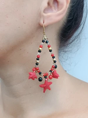 Orecchini donna pendenti cerchio corallo rosso agata nera monachella argento 925 - Immagine 1 di 4