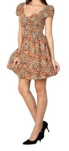 Adini Brown Floral Fitted Cap Sleeve Dress  - Picture 1 of 4
