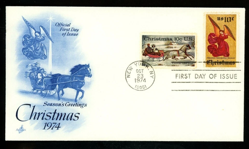 CHRISTMAS 1974 CURRIER & IVES ART & ANGEL ALTERPIECE COMBO ARTCRAFT CACHET  FDC - Image 1 of 1