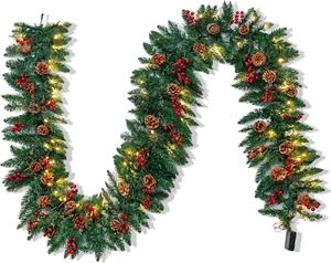 9Ft Artificial Christmas Garland Prelit with LED Lights, 27 Pine Cones, 27 Red B - Picture 1 of 9