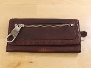 B Makowsky Genuine Leather Wallet Fold Over Brown w/ Silver Zipper Clutch - Picture 1 of 9