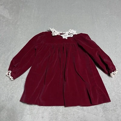 Vestido vintage Good Lad vestido de terciopelo borgoña niñas 3T blanco encaje ribete cremallera trasera Foto 1 de 4