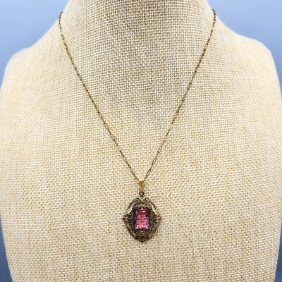 Estate Art Nouveau Edwardian GF Pink Glass Paste Ornate Pendant Necklace 16" - Image 1 of 4