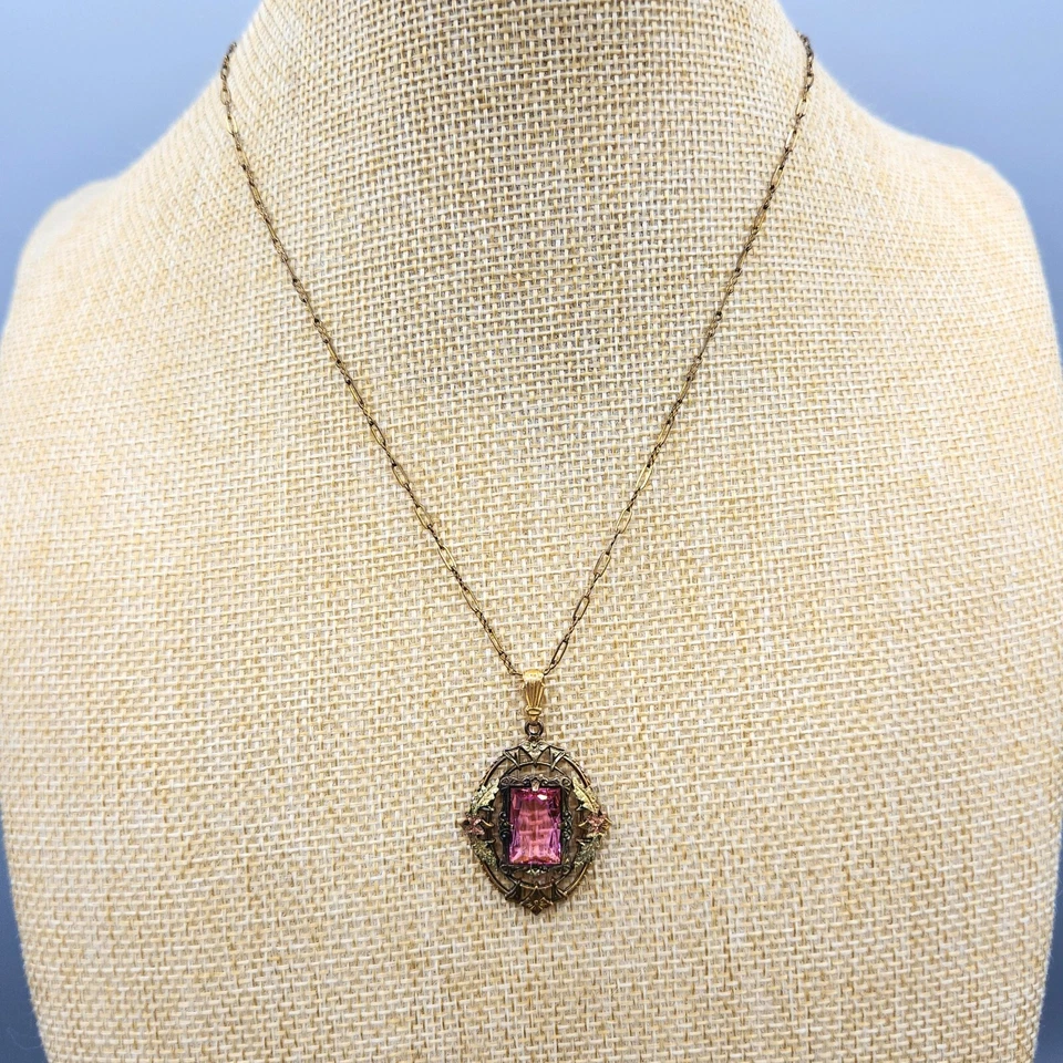 Collar colgante Estate Art Nouveau eduardiano GF pasta de vidrio rosa ornamentado 16" Foto 1 de 4
