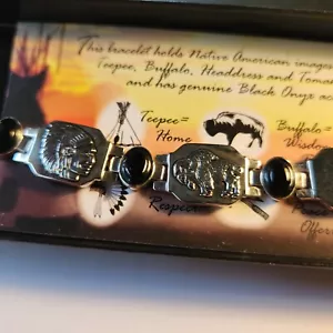 Silver Tone Link Bracelet Black Onyx Buffalo,Indian, Native American symbols,9” - Picture 1 of 8