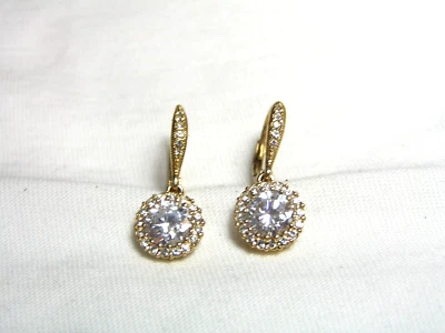 ...NADRI...Gold Tone Halo Crystals Dangle Pierced Earrings... - Image 1 of 4