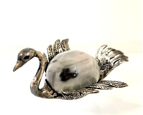 Vintage Mid Century Sterling Gerson Bahia Brazil Swan Bird Agate Egg Figure Cover