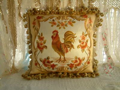 16" Classic French Country Theme Rooster Aubusson Design Embroidery Pillow - Image 1 of 4