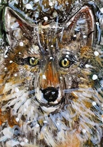ORIGINAL ACEO grauer WOLF Gemälde Winter Schnee Wild Hund Tier Baum Natur KUNST - Bild 1 von 1