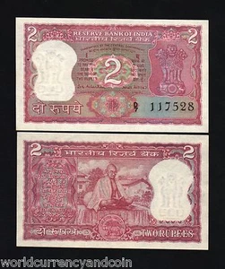 INDIA 2 RUPEES P-67 B 1969 GANDHI *COMMEMORATIVE* UNC WORLD MONEY BILL BANK NOTE - Picture 1 of 3