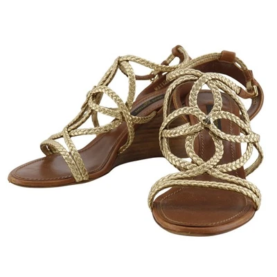 Sandalias con suela de cuña LOUIS VUITTON cuero dorado/madera para mujer Foto 1 de 4