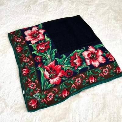 KENZO Lana 70% Seda 30% Estola Negro Floral 105x105 cm - Imagen 1 de 4