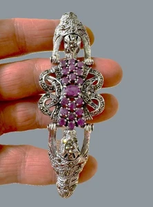 925 Sterling Silver Ruby Marcasite Natural Gems Bracelets with tigers - Picture 1 of 11