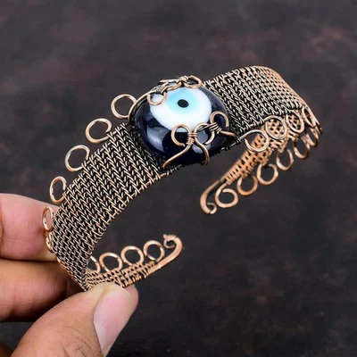 Bracelete de cobre embrulhado fio olho mau cor azul natural redondo Sisters Day Deal - Imagem 1 de 4