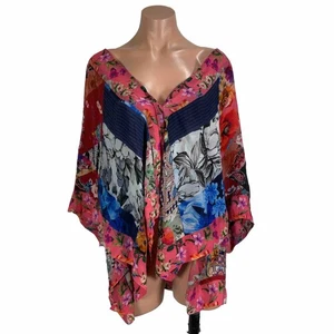 Floral Patchwork Blouse OS Ruffle Button Up Dolman Colorful Artsy Art To Wear - Picture 1 of 8