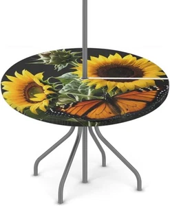 Round Outdoor Fitted Tablecloth with Umbrella Hole Sunflower Butterfly Elastic - Picture 1 of 7
