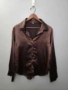 Chocolate Brown Satin Button-Up Blouse Women’s Size M Long Sleeve Top - Picture 1 of 6