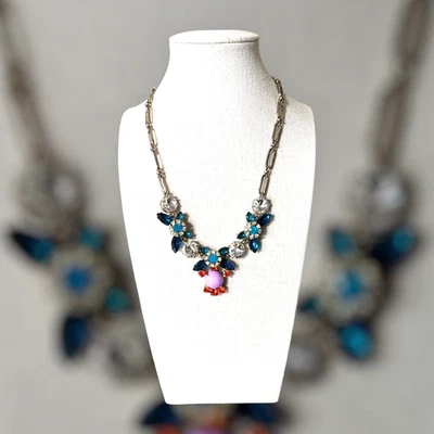 J. CREW Silver Tone Aqua & Red Colorful Crystal Small Statement Necklace JC228 - Image 1 of 4