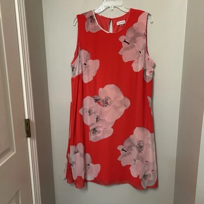 CALVIN KLEIN Chiffon Dress Coral Pink Red Gray Floral Mini Shift Party 18 W Plus - Image 1 of 4