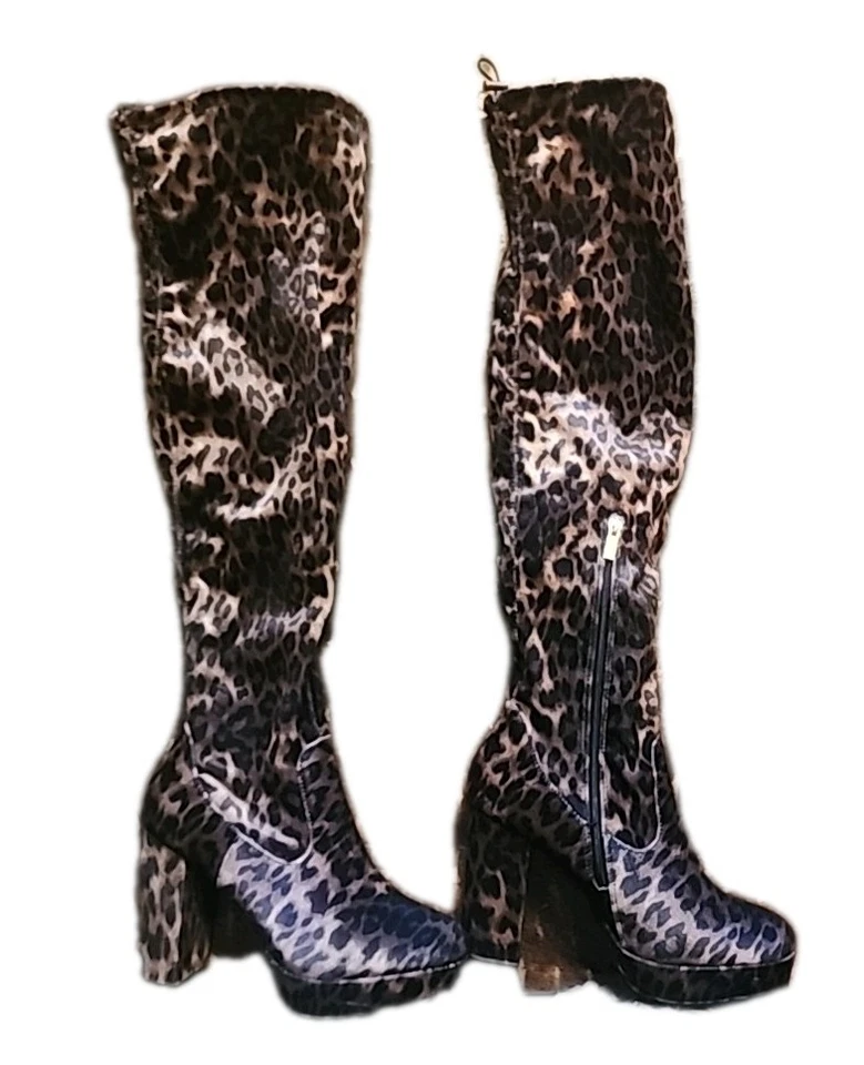 Botas altas de bambú con plataforma y estampado de leopardo para mujer 9 4" tacón Y2K retro Foto 1 de 4