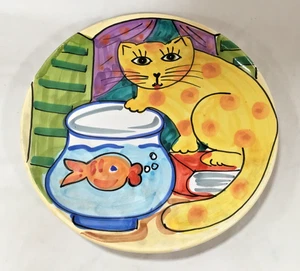 Italian Made & Hand Painted Yellow Cat Ceramic 14” Srvng Platter 1995 The Cellar - Picture 1 of 12