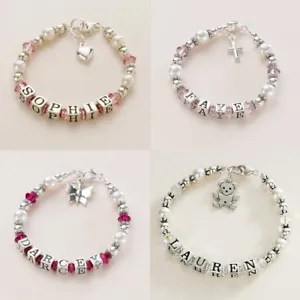 Personalised Child baby Christening Bracelet for Girls. Silver Pearl & Crystal. - Picture 1 of 12