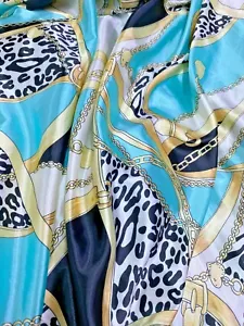 Leopard Animal Print Chains Faux Silk Satin 48" Fabric Material Turquoise Blue - Picture 1 of 7