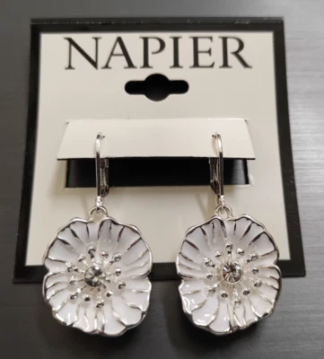 New Napier Silver Tone White Glass Flower Drop Earrings - Image 1 of 4