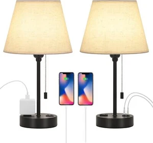 Set of 2 Bedroom Bedside Table Lamp with 2 USB Charging & 1 AC Outlet Pull Chain - Picture 1 of 8