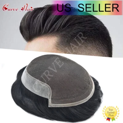 Men Human Hair Replacement System French lace Front Thin Skin Toupee Hairpiece - Image 1 of 4