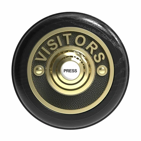 Traditional Round Wired Doorbell VISITORS in Black Ash Ash and Brass Cover