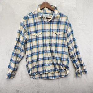 Lucky Brand Men’s Medium Flannel Shirt Blue Yellow Tan Plaid Classic Fit Long Sl - Picture 1 of 11