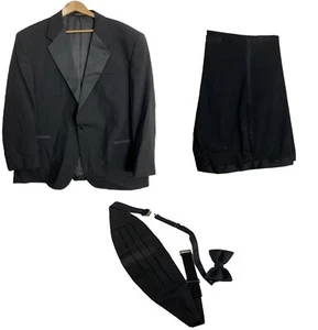 Neil Allyn Black Wool Tuxedo Jacket 48L Pants Inseam 31 Cumberbund Tie Formal - Picture 1 of 12