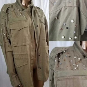 Coffee Shop NewYork Anorak Jacket Beads Studs Women Size XL Military Style - Picture 1 of 12