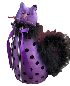 Polka Dot Cat Purple Black Fluffy Furry Tail Doorstop Table Top Decor Halloween - Picture 1 of 6