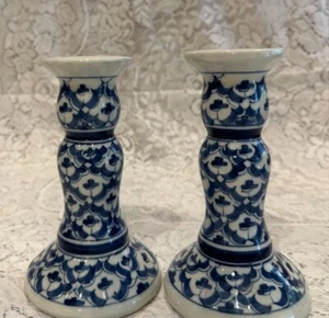 Vintage Set-2 Blue & White Chinoiserie Candlestick Holders Ceramic 7" Thailand - Picture 1 of 4