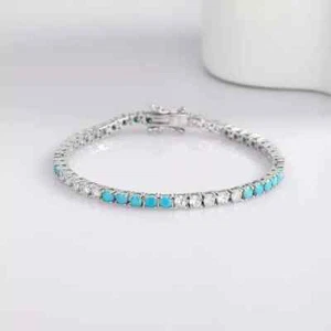 14K White Gold Plated 8ct Round Simulated Turquoise Diamond Tennis Bracelet 7.5" - Picture 1 of 4