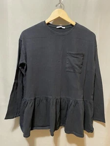 ZARA Women Long Sleeve Round Neck Ruffle Hem 100% Cotton Jersey Top Size M Black - Picture 1 of 6